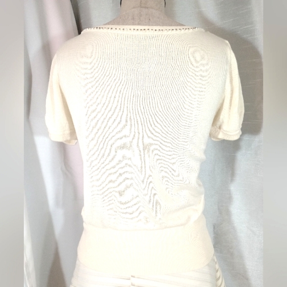 Vintage Short Sleeve Sweater, Women, Beadede Floral, Drop Chains, Ivory/Pink, S - Picture 3 of 7